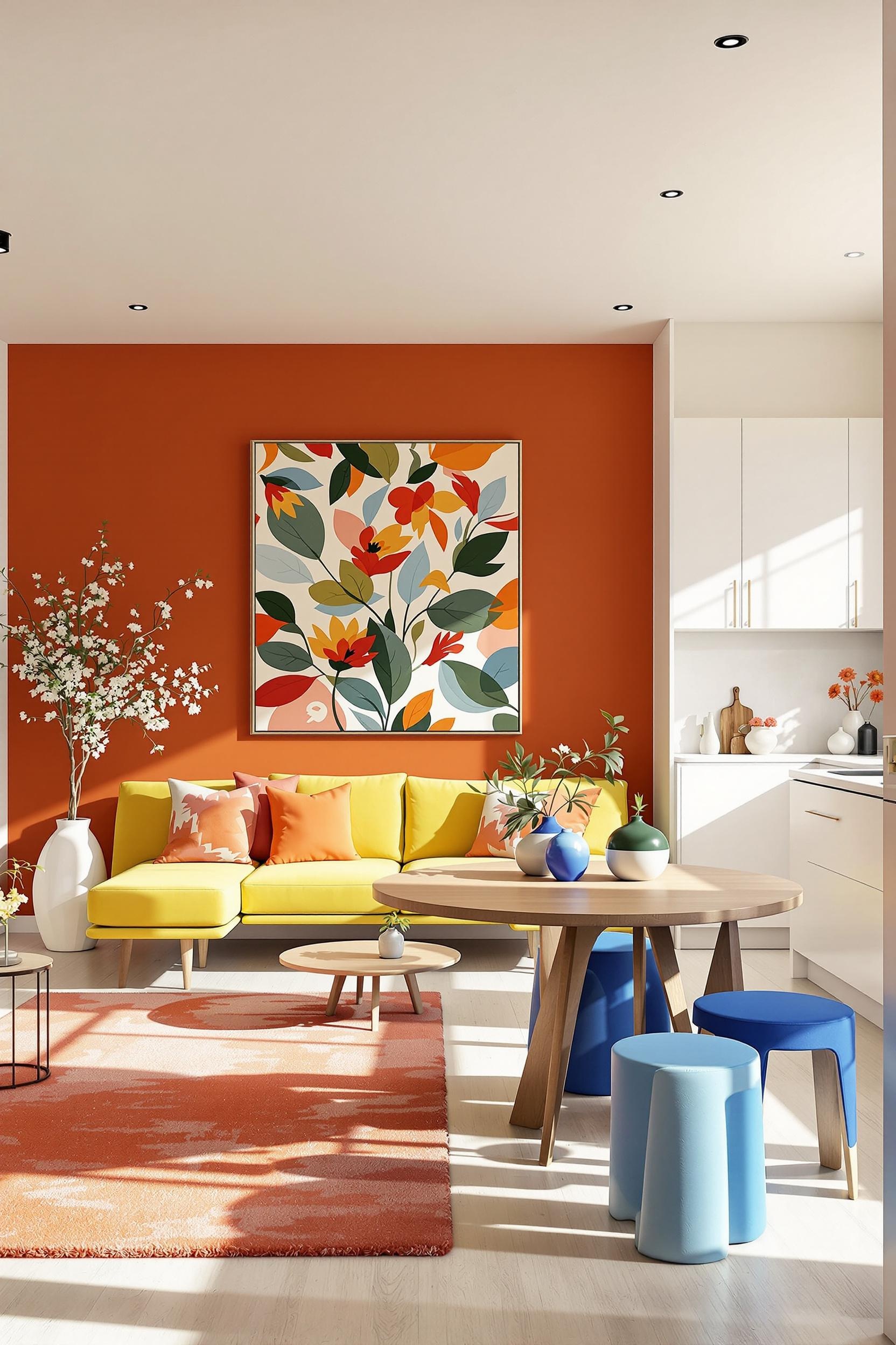 Color zoning in an open-plan kitchen and dining area