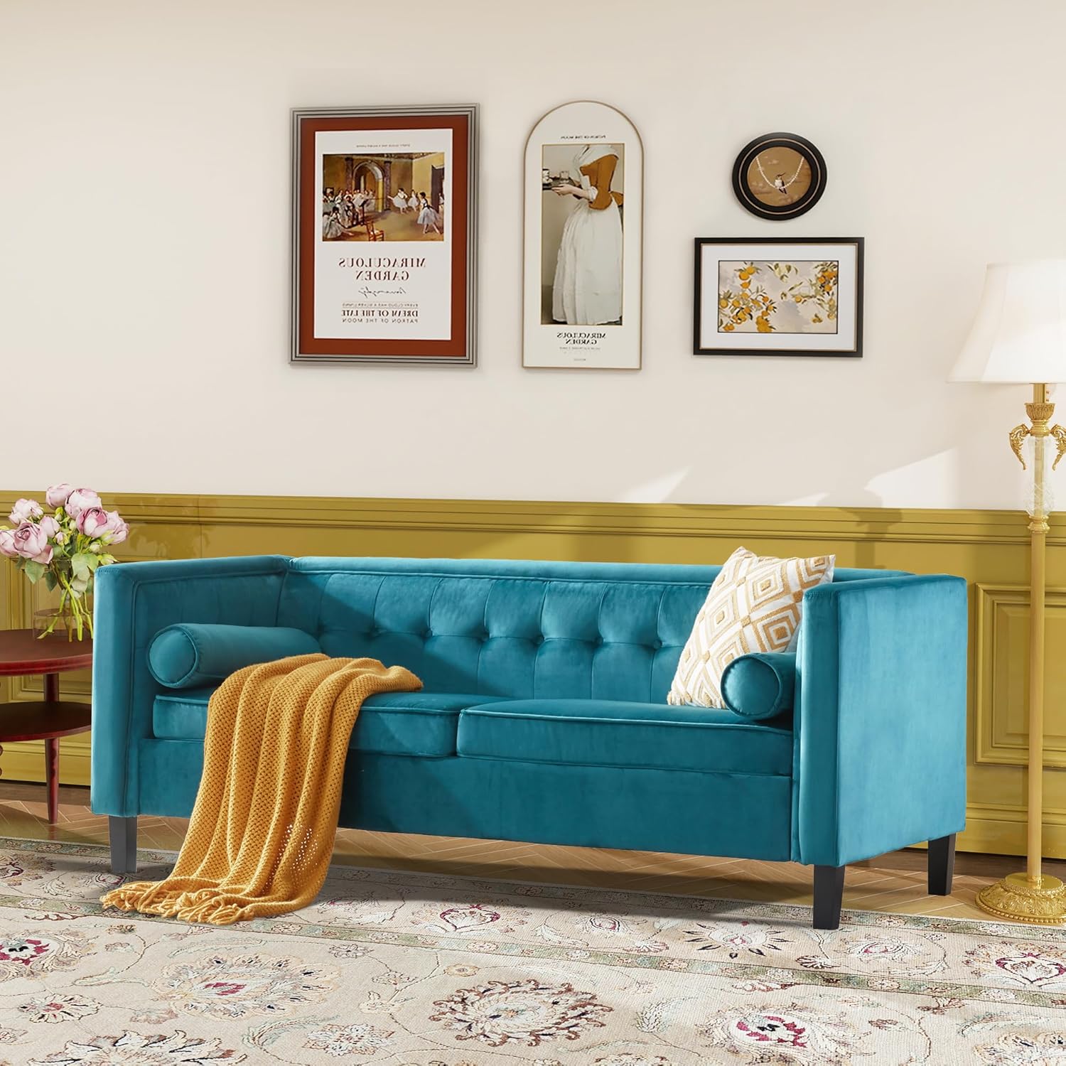 Velvet Mid-Century Sofa Peacock Blue