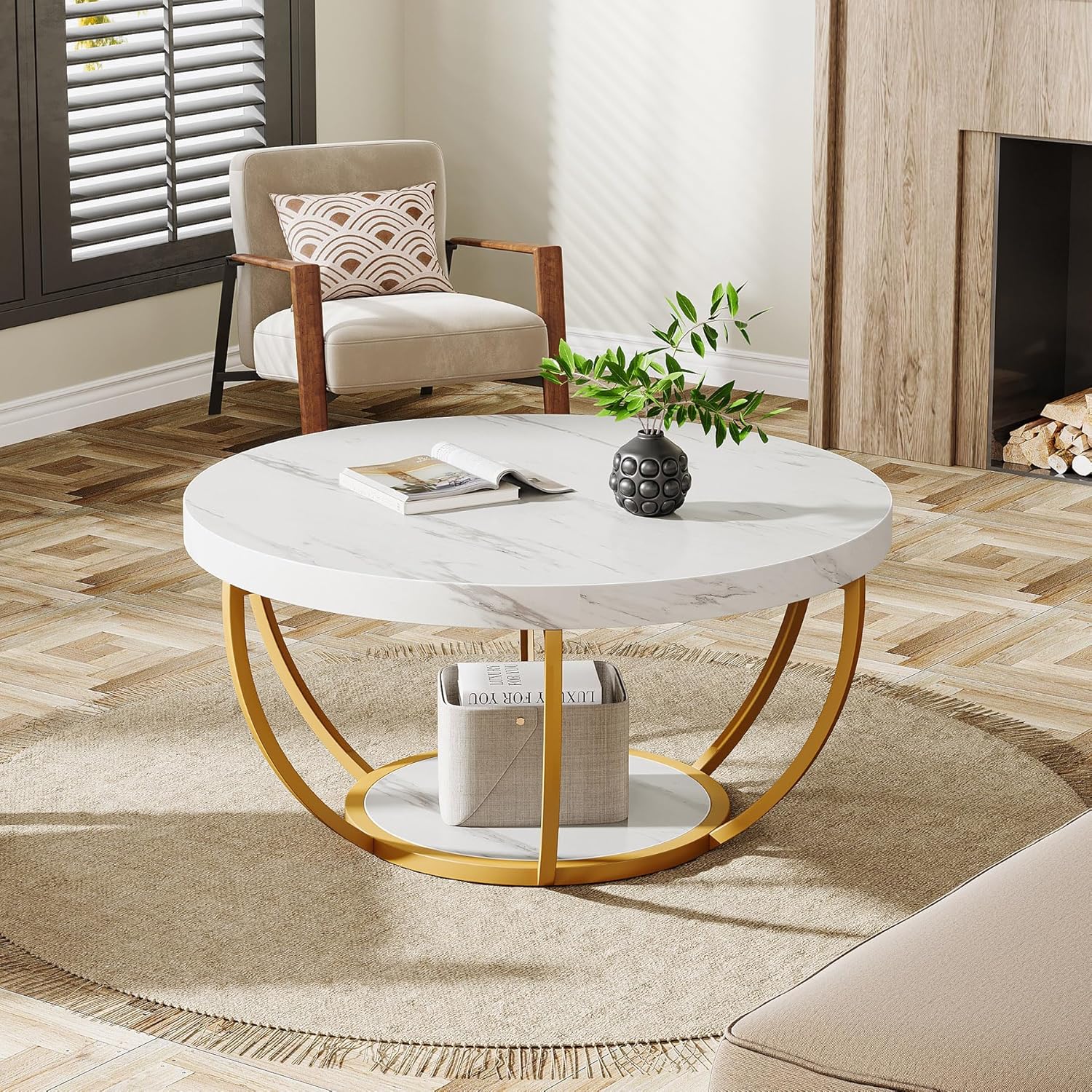 Modern Round Coffee Table White Gold