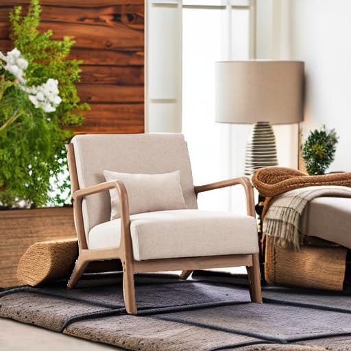 ANJHOME Mid Century Modern Accent Chair, Comfy Fabric Living Room Chairs with Solid Wood Frame, Lounge Reading Armchair, Easy Assembly, Beige