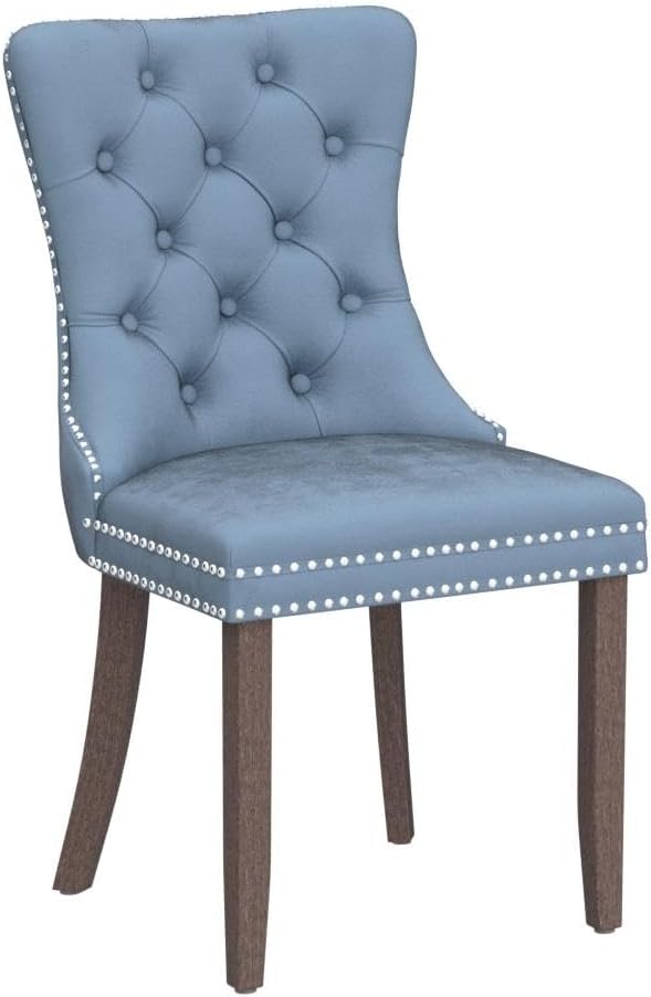 LZ LEISURE ZONE Velvet Dining Chairs Set of 2, Upholstered Accent Chairs with Button Tufted, Nailhead Trim and Back Ring Pull, Light Blue, Seat Height 20"