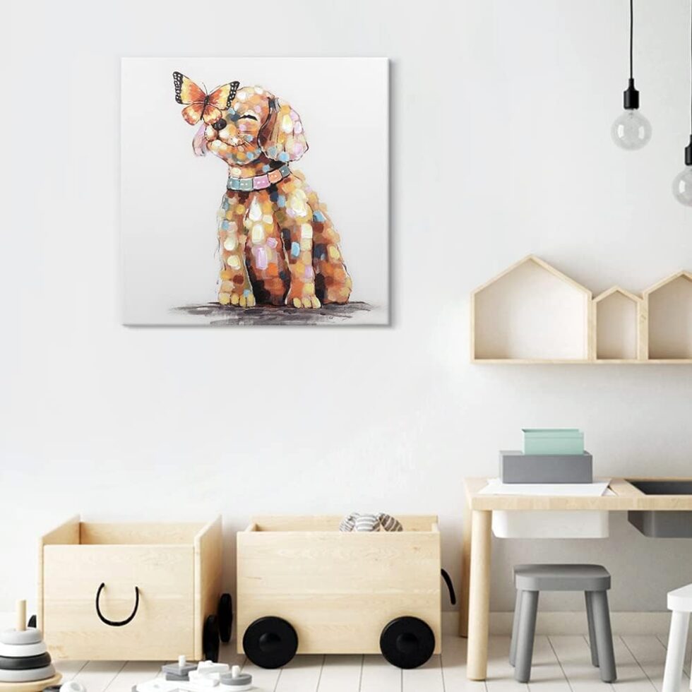 SEVEN WALL ARTS Dog Canvas Wall Art Colorful Animal Picture Pet Puppy Butterfly Alighted on Dog Paintings Modern Framed Artwork for Bedroom Nursery Kids Room Office Home Decor 24"x24"