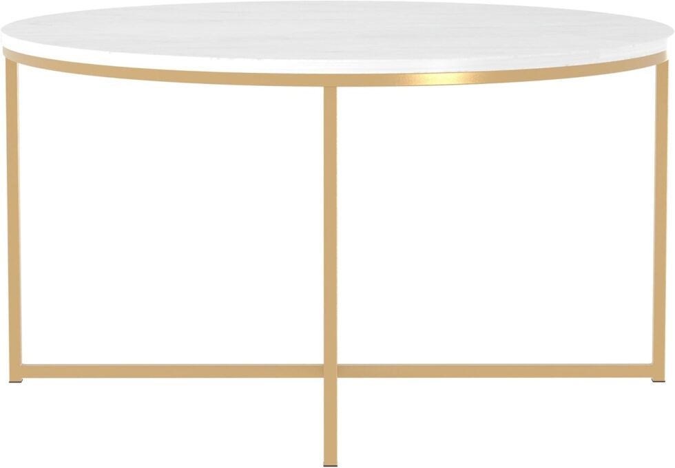Walker Edison Modern Glam Round Accent Faux White Marble Coffee Table with Gold X-Base, 36 Inch