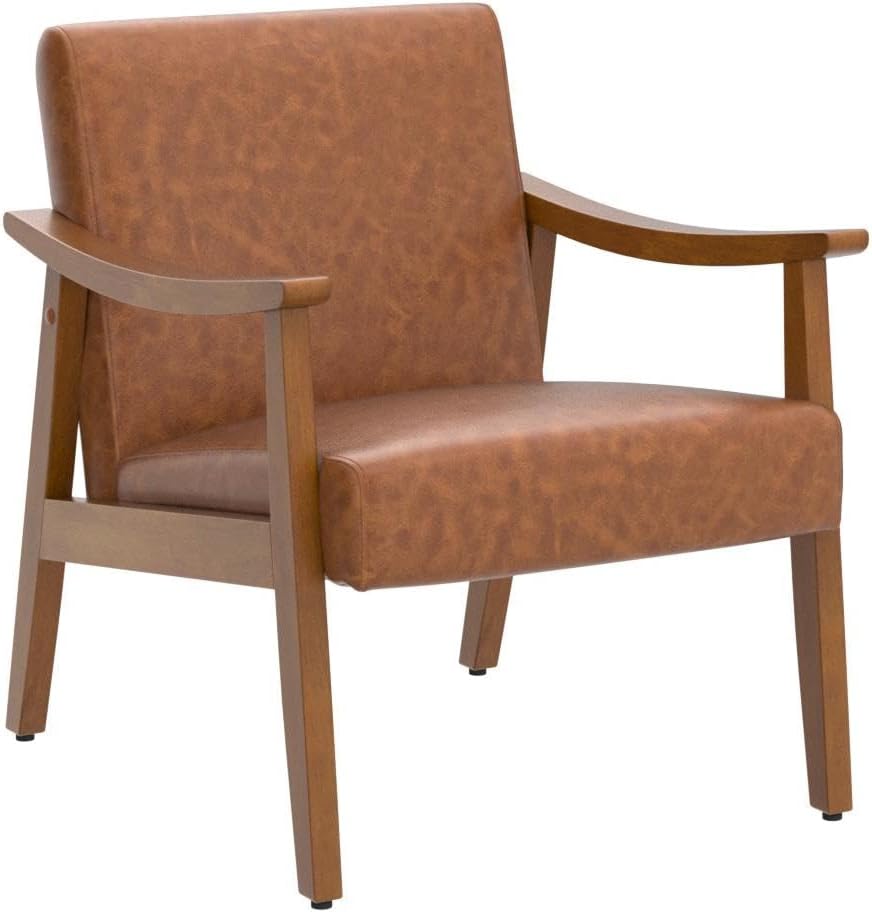 Yaheetech PU Leather Accent Chair, Mid-Century Modern Armchair with Solid Wood Legs, Reading Leisure Chair for Living Room Bedroom Waiting Room, Light Brown, Set of 2