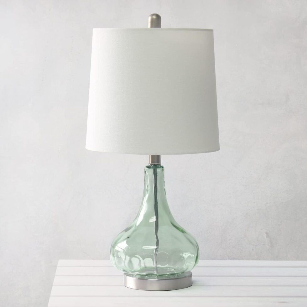 Elegant Designs LT3326-SGE 23.25" Modern Colored Dimpled Glass Endtable Bedside Table Desk Lamp with White Fabric Shade, Green/Gray Sage