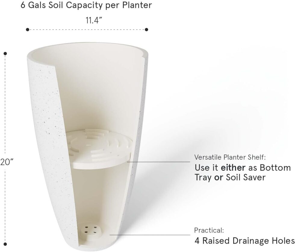 LA Jolie Muse 20 Inch Tall White Planters,Set of 2 Indoor/Outdoor Tall Planters with Shelf Insert and Trays,Modern Large Flower Pot for Front Front Door, Patio and Deck