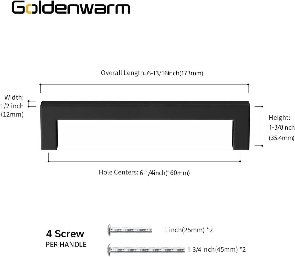 Goldenwarm 5 Pack Black Square Bar Cabinet Pull Drawer Handle Stainless Steel Modern Hardware for Kitchen and Bathroom Cabinets Cupboard,Center to Center 6-1/4in(160mm) Handles for Kitchen Cabinets