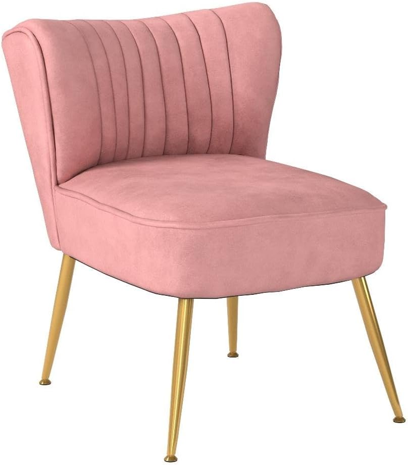 Velvet Accent Chairs Set of 2 Comfy Living Room Chair Armless Slipper Chair Mid Century Side Single Sofa Chair with Golden Legs Wingback for Bedroom Guest Room, Pink