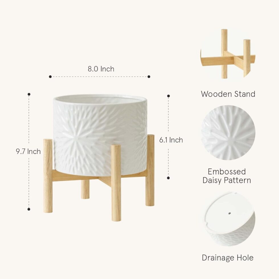 LA JOLIE MUSE White Planter with Stand,Mid Century Planters for Indoor Plants,Ceramic Plant Pot with Stand - 8 Inch Unique Modern Flower Pots Indoor with Drainage Holes