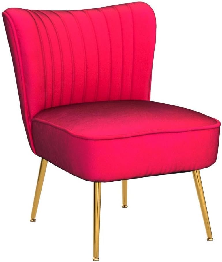 Velvet Accent Chair Set of 2 Comfy Living Room Chair Armless Slipper Chair Mid Century Side Single Sofa Chair with Golden Legs Wingback for Bedroom Guest Room, Hot Pink