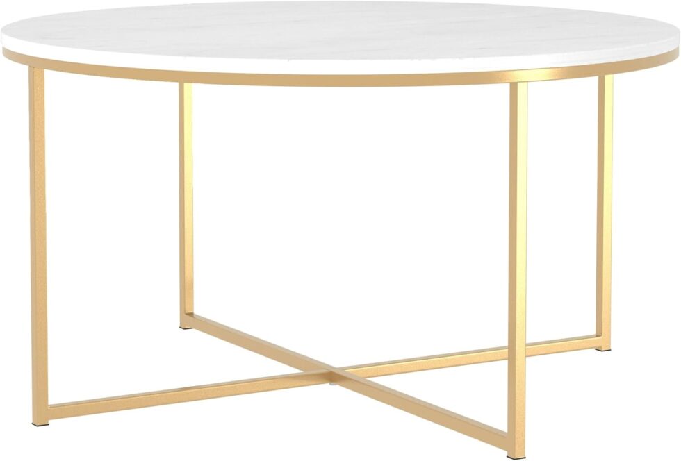 Walker Edison Modern Glam Round Accent Faux White Marble Coffee Table with Gold X-Base, 36 Inch