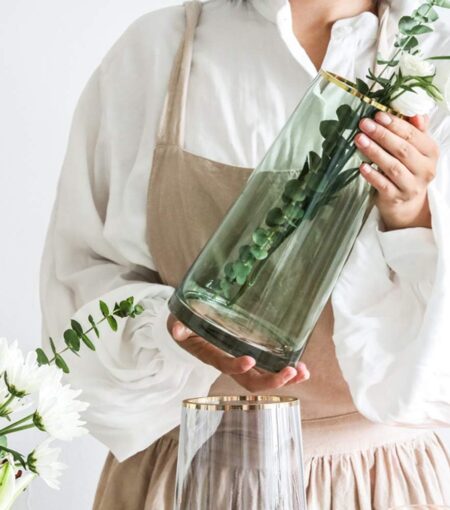 Green Glass Flower Vase with Gold Mouth for Centerpieces Home Wedding Decoration (1, Small)