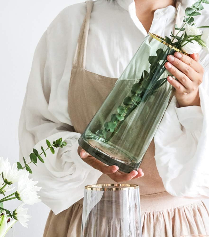 Green Glass Flower Vase with Gold Mouth for Centerpieces Home Wedding Decoration (1, Small)