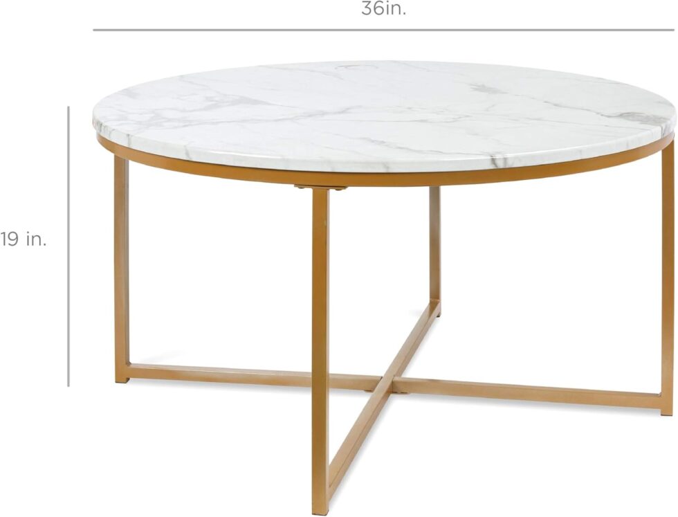 Best Choice Products 36in Faux Marble Accent Table, Modern End Table, Large Coffee Table Home Decor for Living Room, Dining Room, Tea, Coffee w/Metal Frame, Foot Caps, Designer - White/Gold