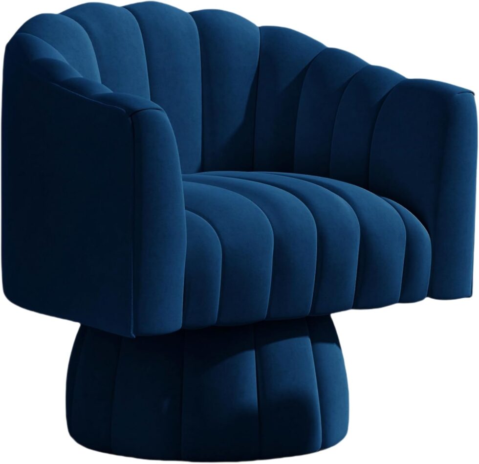 Accent Chair Mid Century 360 Degree Swivel Chair,Modern Lounge Sofa Round Barrel Chair with Wide Upholstered,Fluffy Velvet Fabric Chairs for Home Sofa Living Room/Bedroom/Waiting Room(Navy)