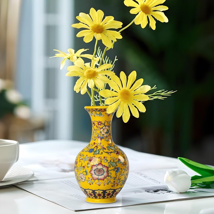 Qinlang 6 in Small Yellow Flower Vase for Home Decor, Ceramic Bud Vase for Flowers - Begonia Vase