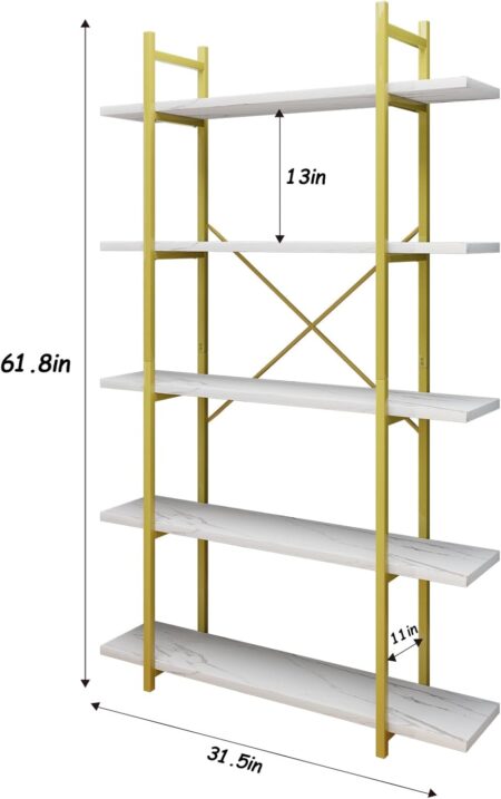 5 Tiers Bookshelf Organizer White Faux Marble Shelf,Modern Open Display Storage Bookcase, and Metal Bookshelf Standing Storage Shelf Tall Shelving Units for Home Office Study