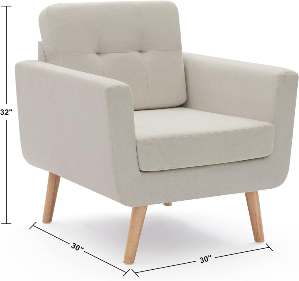Tbfit Linen Fabric Accent Chair, Mid Century Modern Armchair for Living Room, Bedroom Button Tufted Upholstered Comfy Reading Accent Chairs Sofa(Beige)