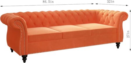 Chesterfield Sofa Velvet, Modern Tufted Couch 3 Seater with Rolled Arms and Nailhead for Living Room, Bedroom, Office, Apartment (Orange)
