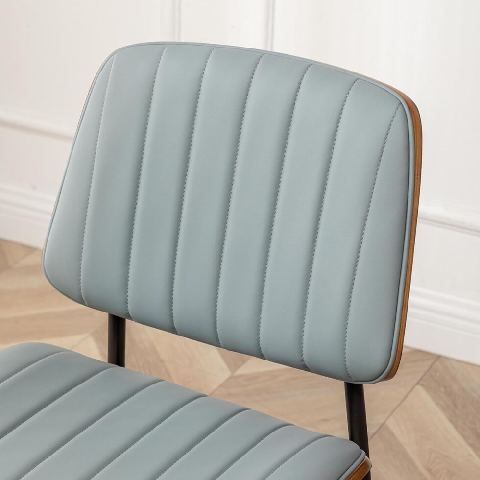LUNLING Dining Chairs Set of 4 Mid Century Modern Retro Faux Leather Chair with Walnut Bentwood Upholstered Seat Metal Legs Chairs,Adjustable Foot for Kitchen Dining Room Chairs(Blue)