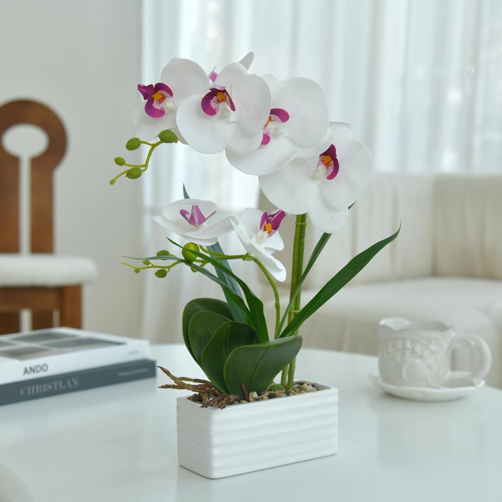 Artificial Real Touch Orchid Flowers in Pot Fake Phalaenopsis Flower with White Ceramic Vase Faux Orchids Arrangement for Home Table Office Wedding Party Decoration (White)