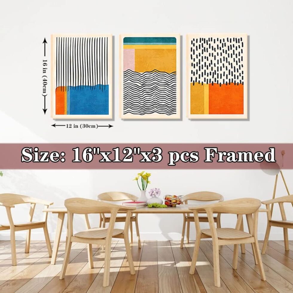 AKWISH Midcentury Modern Framed Wall Art for Living Room Set of 3 Mid Century Modern Abstract Canvas Painting Print Boho Color Blocks Home Decor Colorful Minimalist Pictures for Bedroom 12"x16"x3