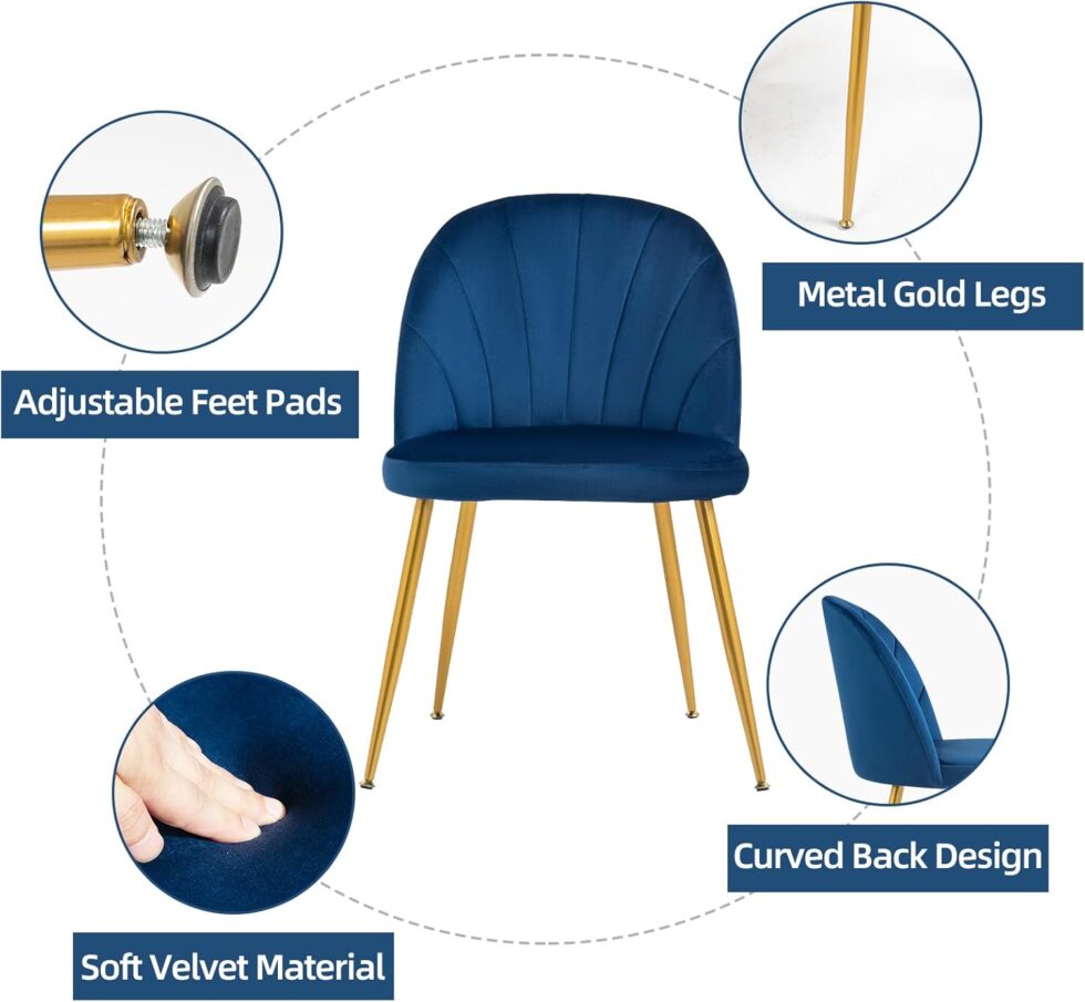 Velvet Dining Chairs Set of 4, Upholstered Mid Century Modern Dining Chairs, Armless Accent Chair with Metal Gold Legs for Living Room, Kitchen, Dining Room, Blue