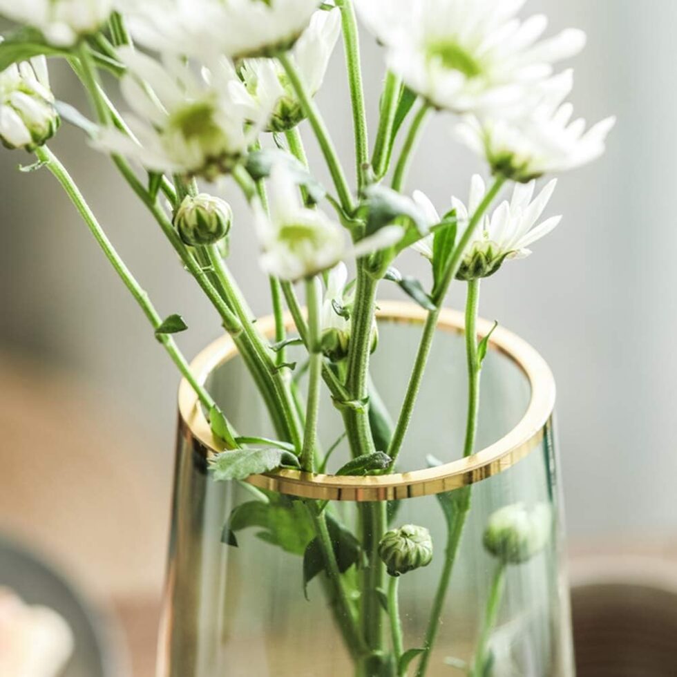 Green Glass Flower Vase with Gold Mouth for Centerpieces Home Wedding Decoration (1, Small)