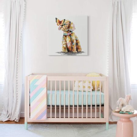 SEVEN WALL ARTS Dog Canvas Wall Art Colorful Animal Picture Pet Puppy Butterfly Alighted on Dog Paintings Modern Framed Artwork for Bedroom Nursery Kids Room Office Home Decor 24"x24"