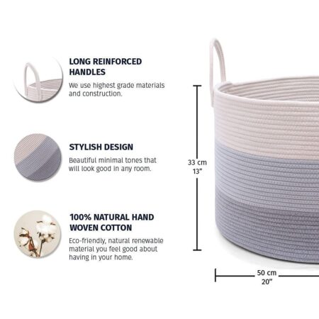 OrganiHaus Large Laundry Basket, Woven Cotton Rope Basket for Blankets, Toy Storage, Nursery Hamper, Living Room Decor Organizer, Soft & Durable Hamper with Handles, 20x13 inches - Gray