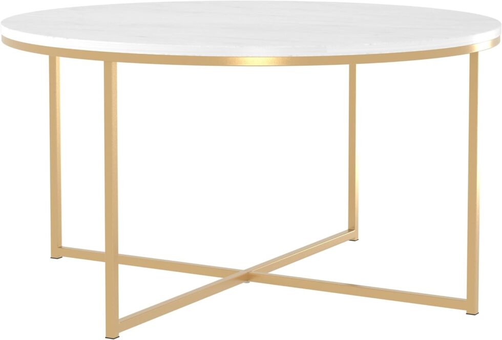 Walker Edison Modern Glam Round Accent Faux White Marble Coffee Table with Gold X-Base, 36 Inch