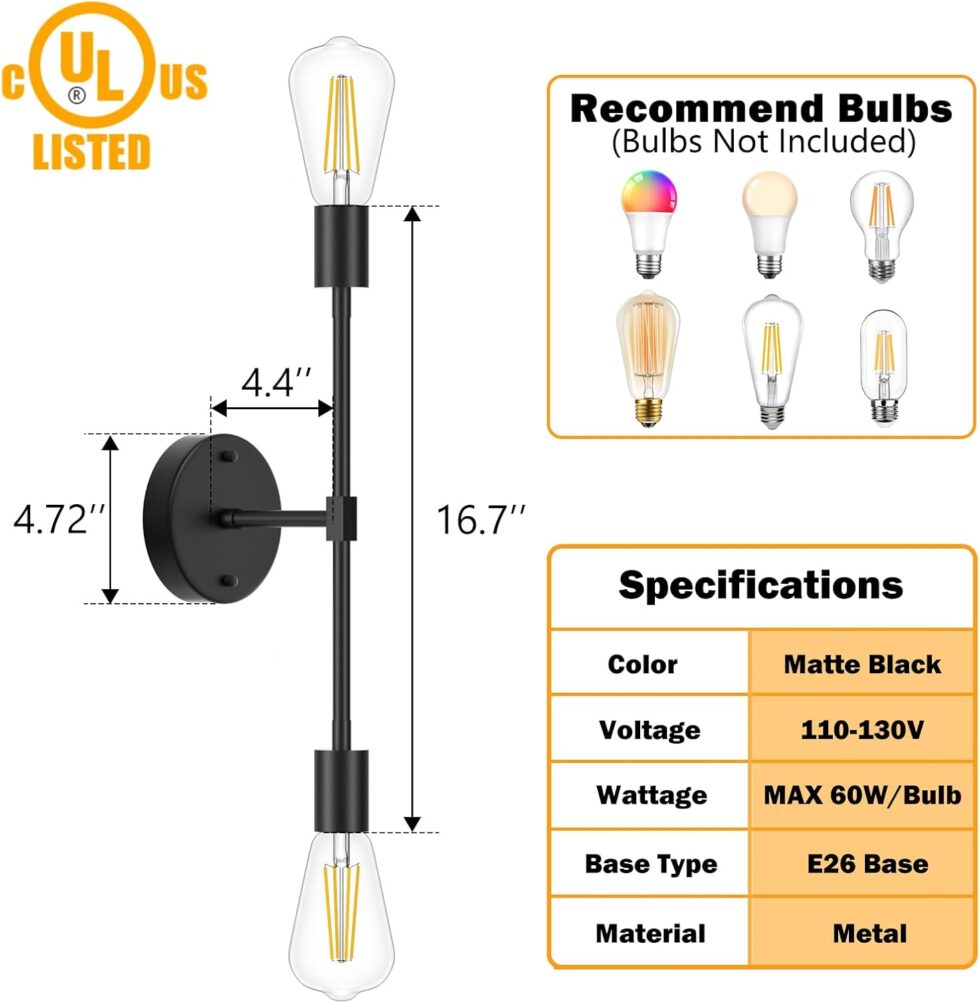 FadimiKoo 2-Light Black Bathroom Lighting Over Mirror, Modern Sconces Wall Light Fixtures, Indoor Semi Flush Mount Ceiling Light for Hallway Bedroom Kitchen (1 Pack)