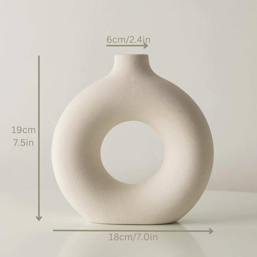 White Ceramic Donut Vase for Pampas Grass Dried Flowers, Bedroom Decor Aesthetic, Modern Boho Circle Round Vase, Neutral Home Decor, 7.5" Tall