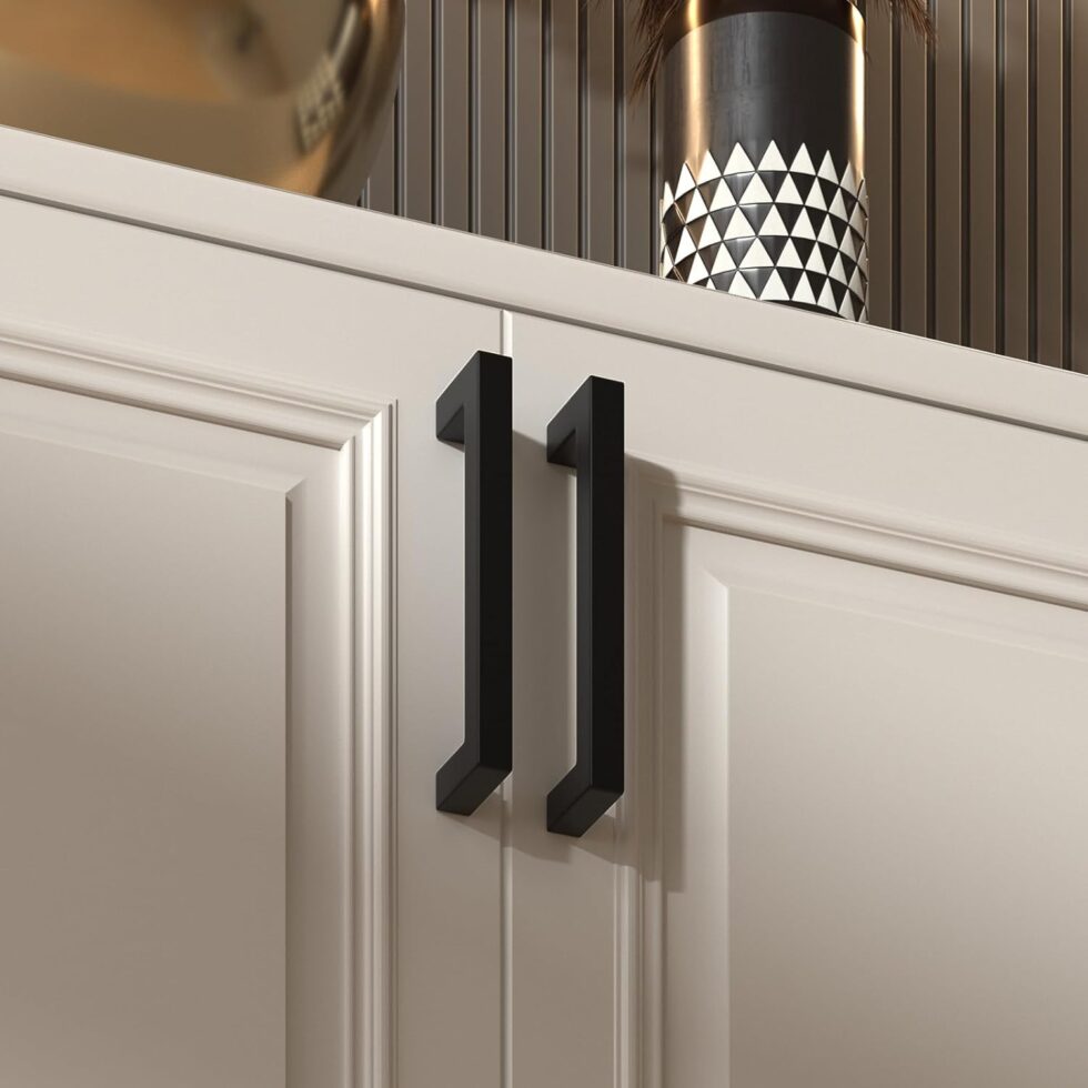 Goldenwarm 5 Pack Black Square Bar Cabinet Pull Drawer Handle Stainless Steel Modern Hardware for Kitchen and Bathroom Cabinets Cupboard,Center to Center 6-1/4in(160mm) Handles for Kitchen Cabinets