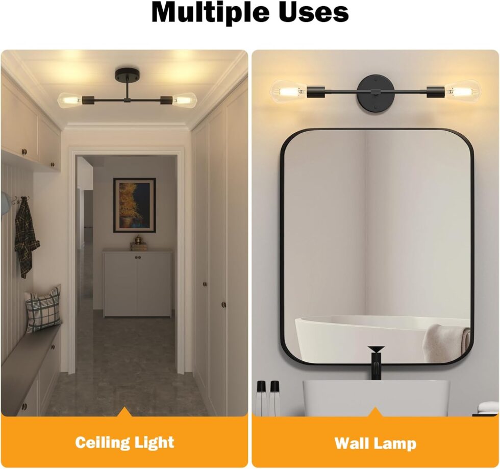 FadimiKoo 2-Light Black Bathroom Lighting Over Mirror, Modern Sconces Wall Light Fixtures, Indoor Semi Flush Mount Ceiling Light for Hallway Bedroom Kitchen (1 Pack)