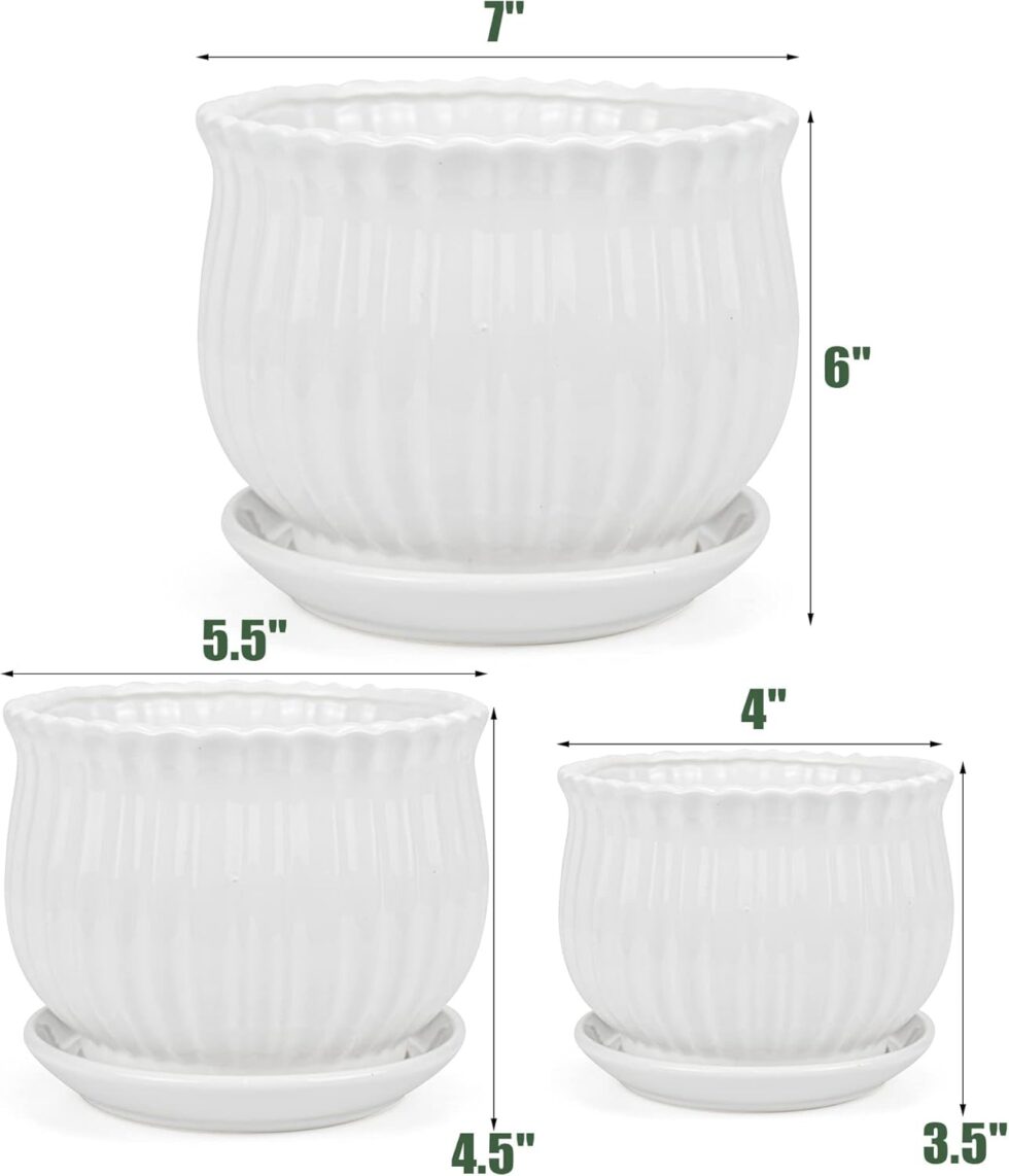 Yesland Ceramic Flower Plant Pots with Saucer, Set of 3 in Different Sizes, Modern Round Ceramic Succulent Planter Pots with White Stripe Texture for Garden