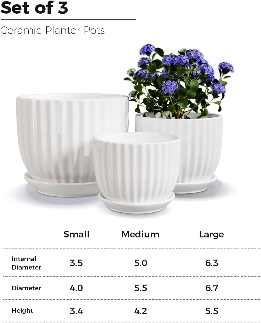 Ton Sin White Plant Pots Set of 3,Indoor Ceramic Flower Pot with Saucers,6.7"&5.5"&3.9" Inch Small to Medium Sized Planters for Plants,Round Modern Garden Pots