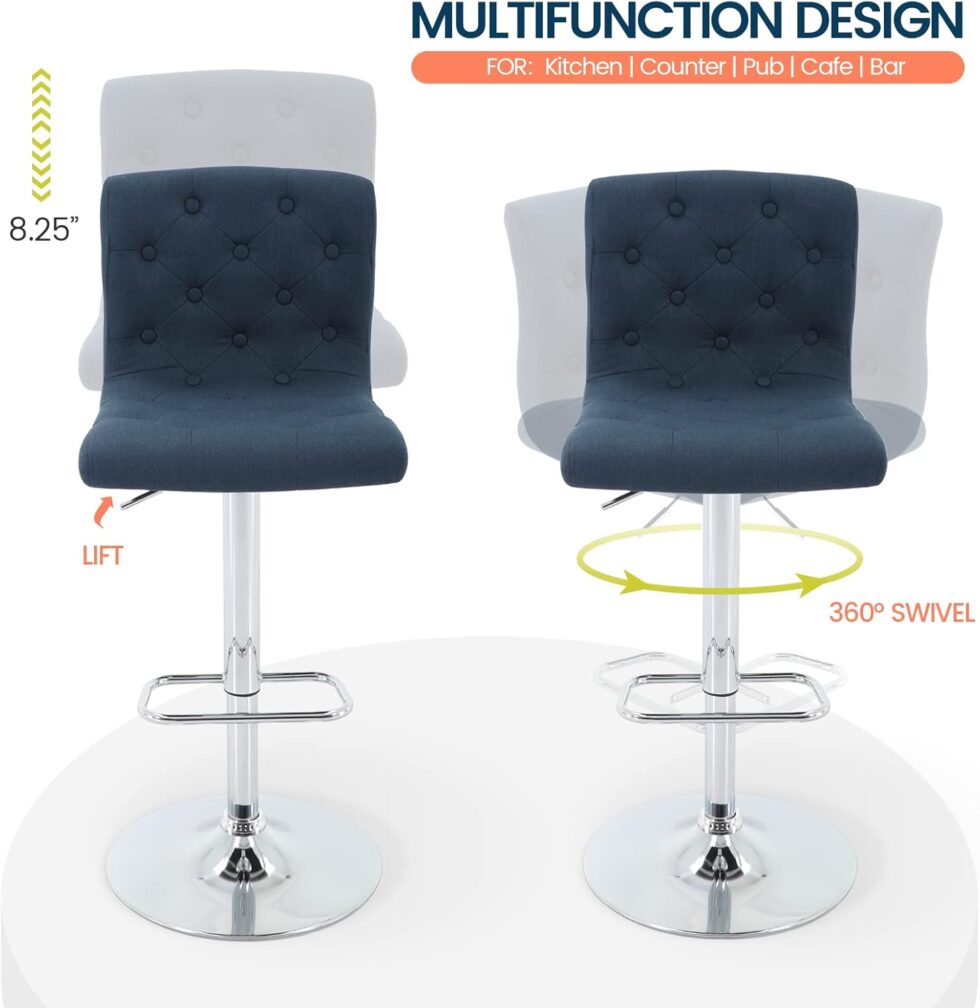 Brage Living Tufted Fabric Bar Stool, Adjustable Swivel Counter Height Barstool with Back, Upholstered Armless Airlift Bar Chair for Kitchen Dining Cafe, 1 pc (Blue)