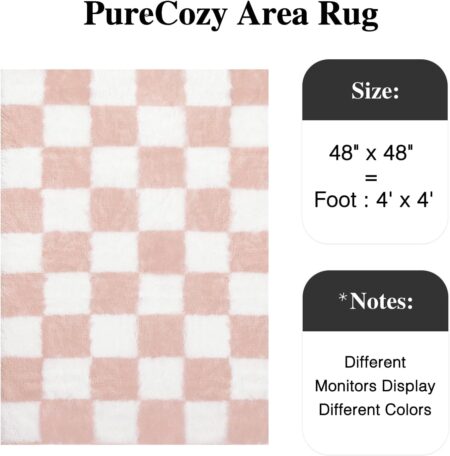 Checkered Rug 4x4 for Living Room, Pink and White Modern Shag Rug Super Soft Washable Indoor Fuzzy Carpet Non-Slip Fluffy Rugs for Bedroom Home Aesthetic Decor