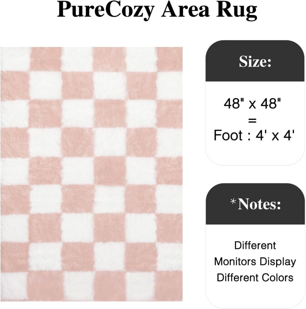 Checkered Rug 4x4 for Living Room, Pink and White Modern Shag Rug Super Soft Washable Indoor Fuzzy Carpet Non-Slip Fluffy Rugs for Bedroom Home Aesthetic Decor