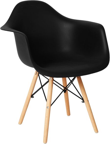 CangLong Natural Wood Legs Mid Century Modern Molded Shell Lounge Plastic Arm Dining-Chairs, Set of 1, Black