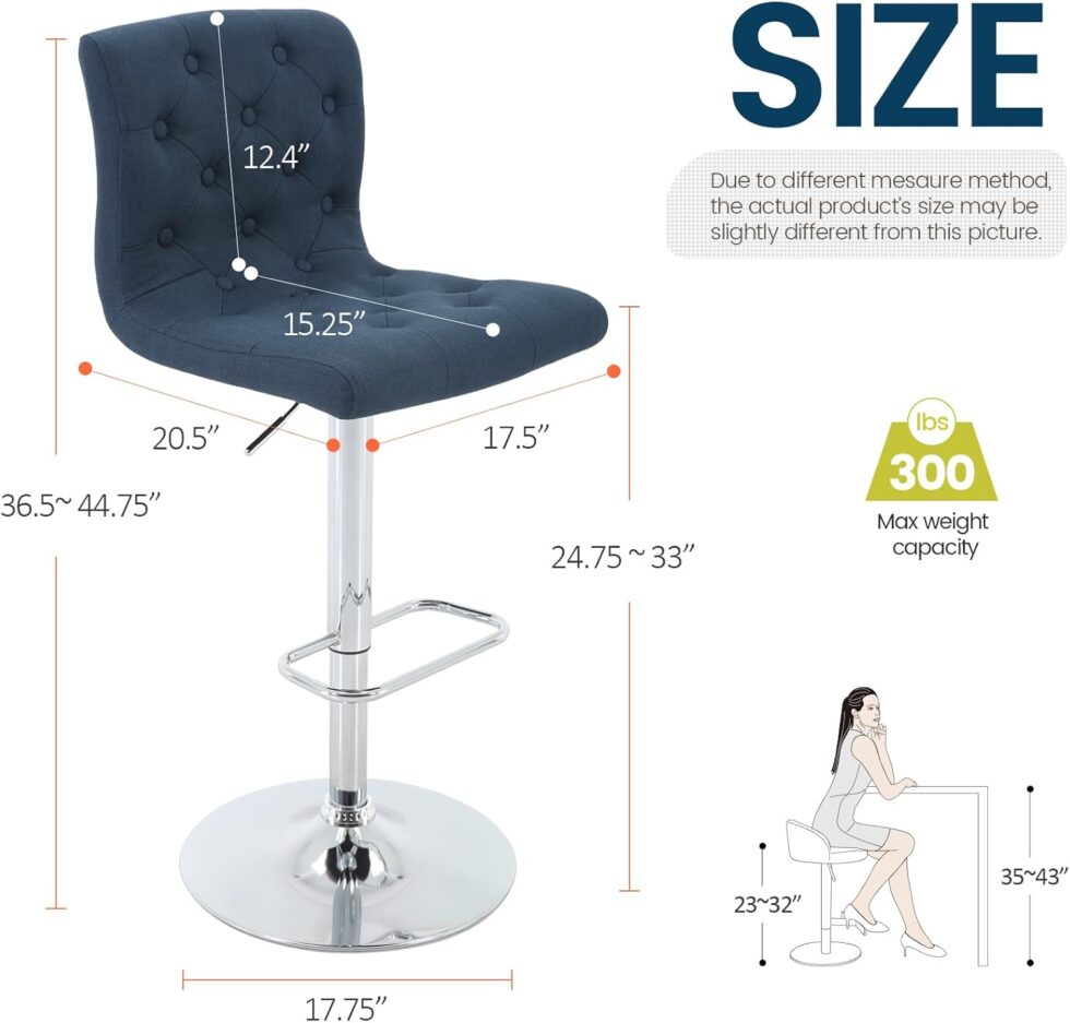 Brage Living Tufted Fabric Bar Stool, Adjustable Swivel Counter Height Barstool with Back, Upholstered Armless Airlift Bar Chair for Kitchen Dining Cafe, 1 pc (Blue)