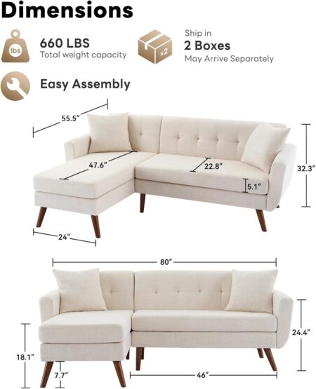 Tbfit L Shaped Couch Sofa, 80" W Mid-Century Modern Sectional Couches, 3 Seater Sofas with Wide Chaise Lounge & Two Pillows,Button Tufted Upholstered Sectional Sofa for Living Room, Bedroom, Beige