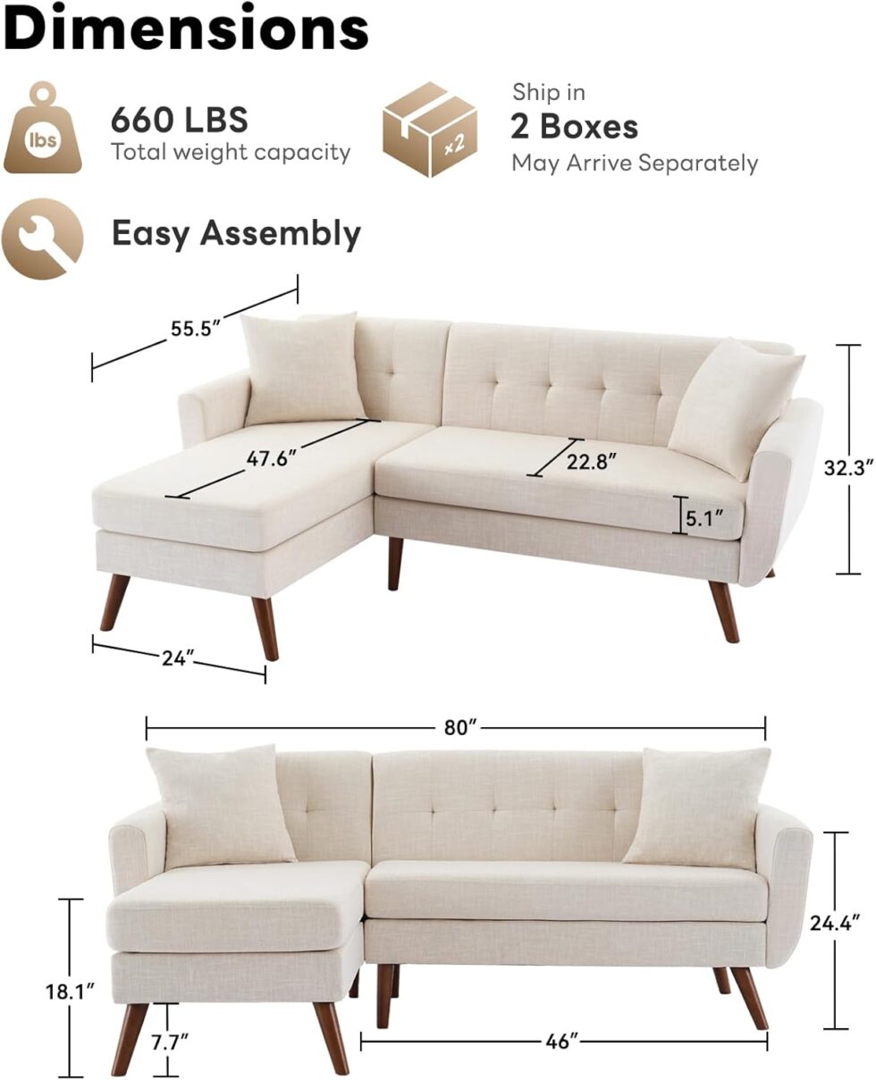 Tbfit L Shaped Couch Sofa, 80" W Mid-Century Modern Sectional Couches, 3 Seater Sofas with Wide Chaise Lounge & Two Pillows,Button Tufted Upholstered Sectional Sofa for Living Room, Bedroom, Beige