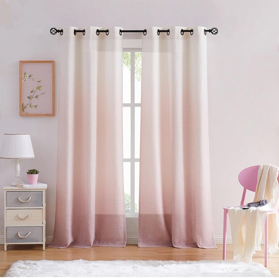 Central Park Ombre Rayon Blend Heavy Linen Texture Window Curtain Panel 6 Grommets Top Gradient Cream White to Pink Dust Rose Window Drapes Treatment for Living Room/Bedroom, Set of 2, 40" x 95" Each