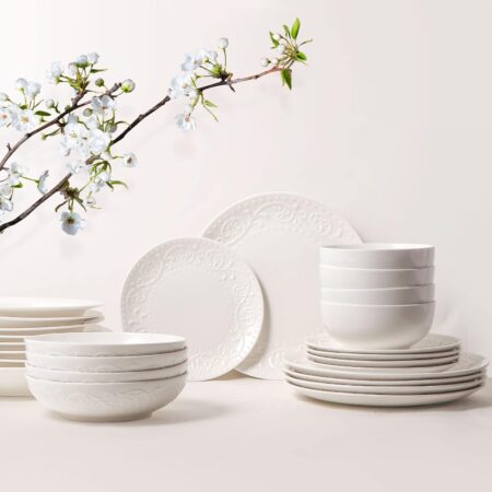 Artena Pasta Bowls 32oz, Ceramic Large Salad Bowls 8 inch, White Embossed Soup Bowl Set of 4 for Serving, Entertaining, Dinner Spaghetti, Wide Shallow, Microwave Dishwasher Oven Safe