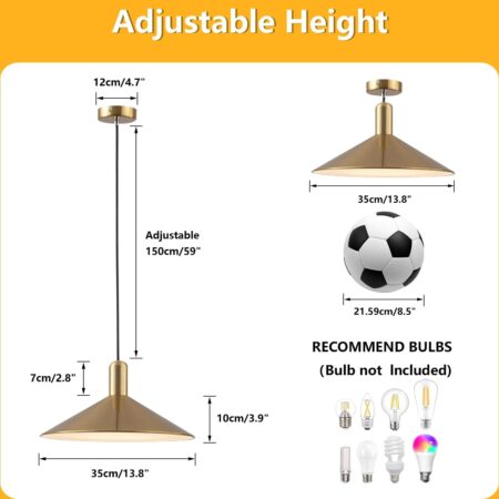 KCO Lighting Mid Century Modern Dome Pendant Light Gold and Black Barn Pendant Light Brass Cone Ceiling Pendant Light Fixture Farmhouse Kitchen Island Lighting (Gold)