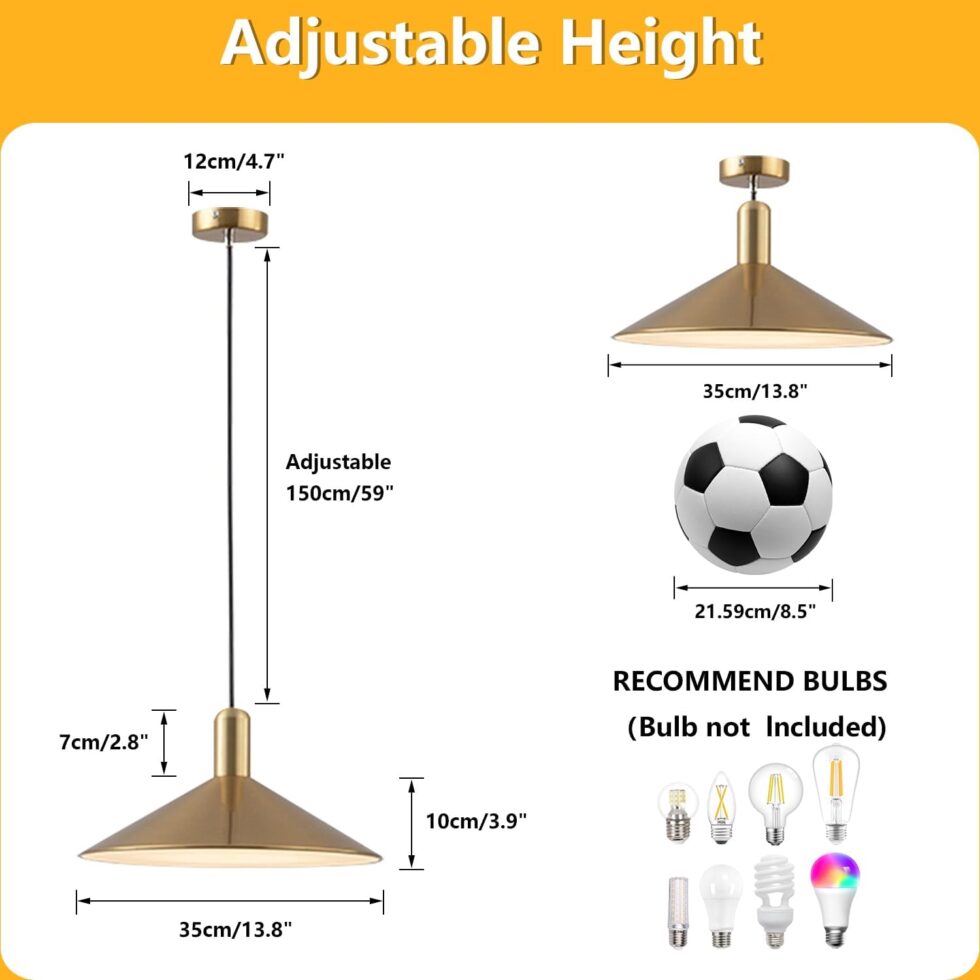 KCO Lighting Mid Century Modern Dome Pendant Light Gold and Black Barn Pendant Light Brass Cone Ceiling Pendant Light Fixture Farmhouse Kitchen Island Lighting (Gold)