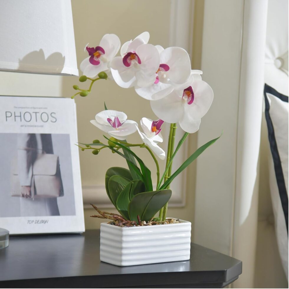 Artificial Real Touch Orchid Flowers in Pot Fake Phalaenopsis Flower with White Ceramic Vase Faux Orchids Arrangement for Home Table Office Wedding Party Decoration (White)