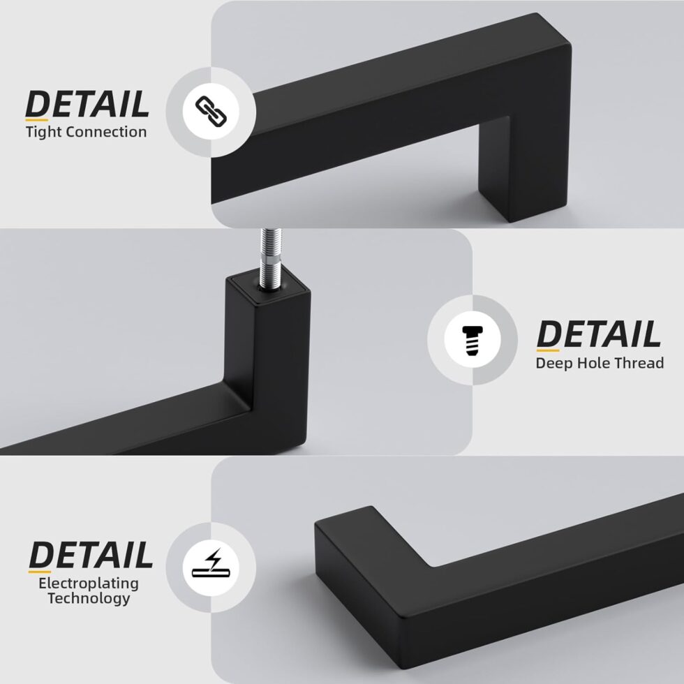Goldenwarm 5 Pack Black Square Bar Cabinet Pull Drawer Handle Stainless Steel Modern Hardware for Kitchen and Bathroom Cabinets Cupboard,Center to Center 6-1/4in(160mm) Handles for Kitchen Cabinets